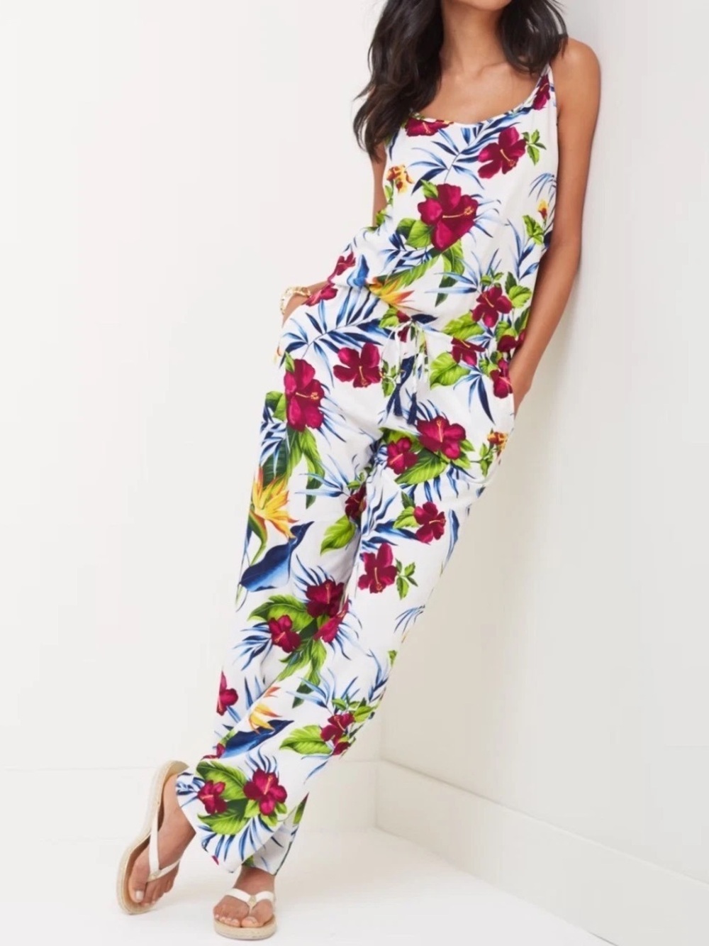 Tommy Bahama Happy Hibiscus Floral Jumpsuit White Tropical Women's Size XS